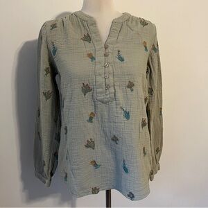 Coldwater Creek XS Sage Green Embroidered Cactus Button-Front Blouse cotton